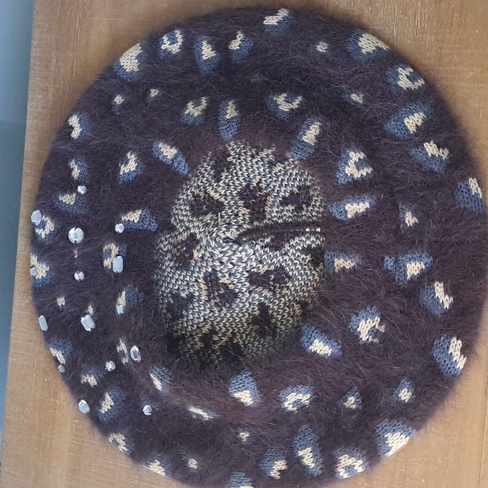 C.C Brown/Grey/Cream Cony Hair And Wool Blend Animal Print Hat/Beret - Picture 6 of 7